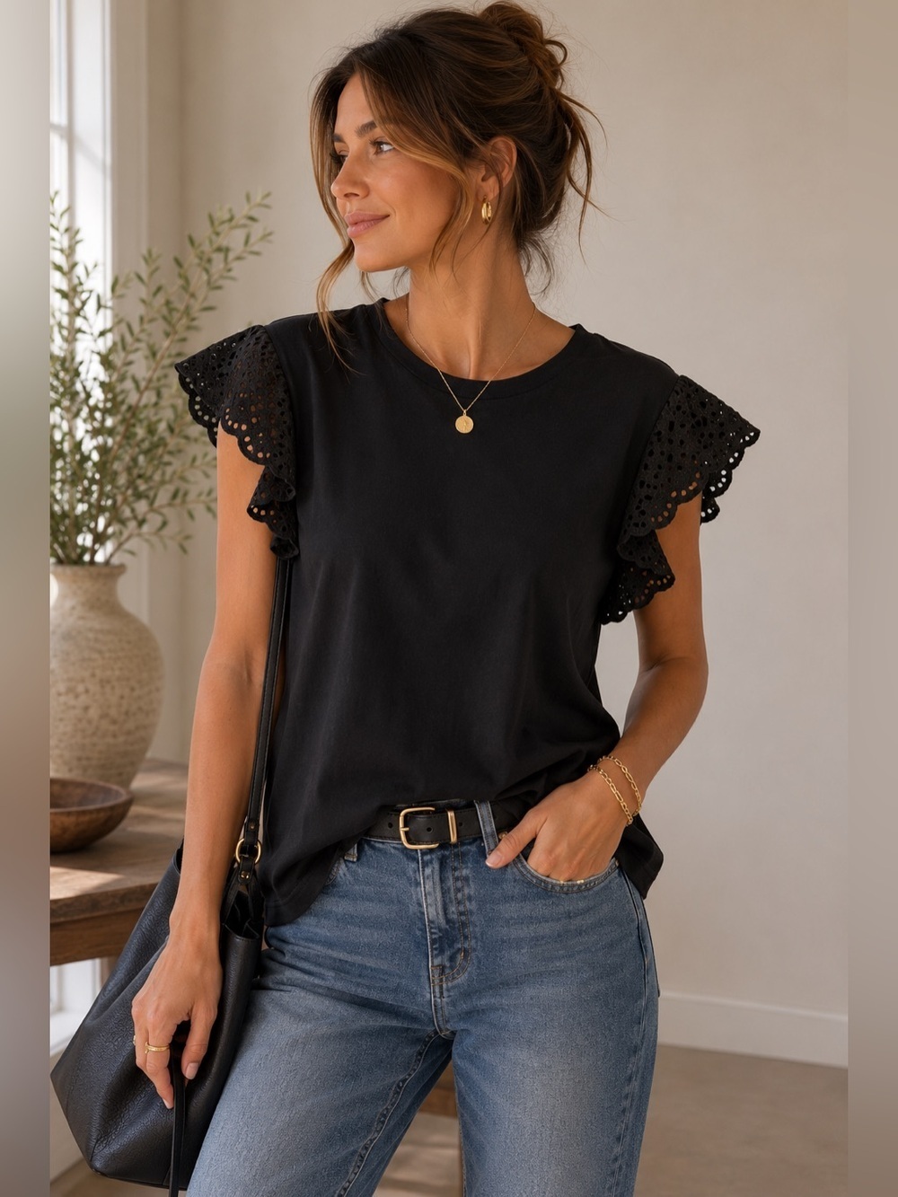 Karl Lagerfeld Black Ruffle Eyelet Sleeve Tee Size L Feminine Cotton Minimalist